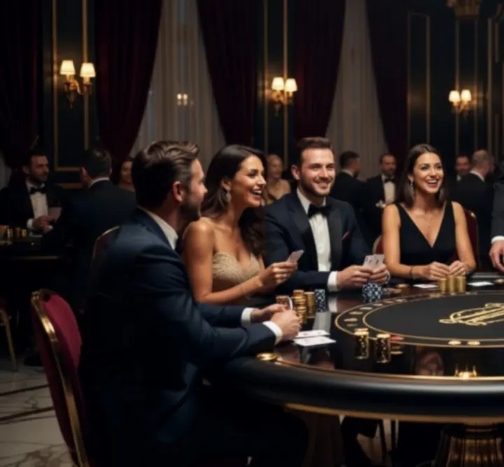Mobilne kasyno na eleganckim evencie – stoły pokerowe, ruletka i bawiący się goście