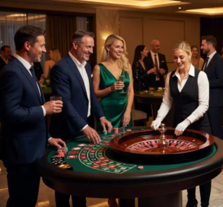 Galeria mobilnych eventów casino – stoły do gry, światła i bawiący się goście