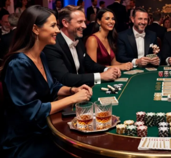 Wieczór pokerowy na evencie integracyjnym – stół, krupier i uśmiechnięci goście