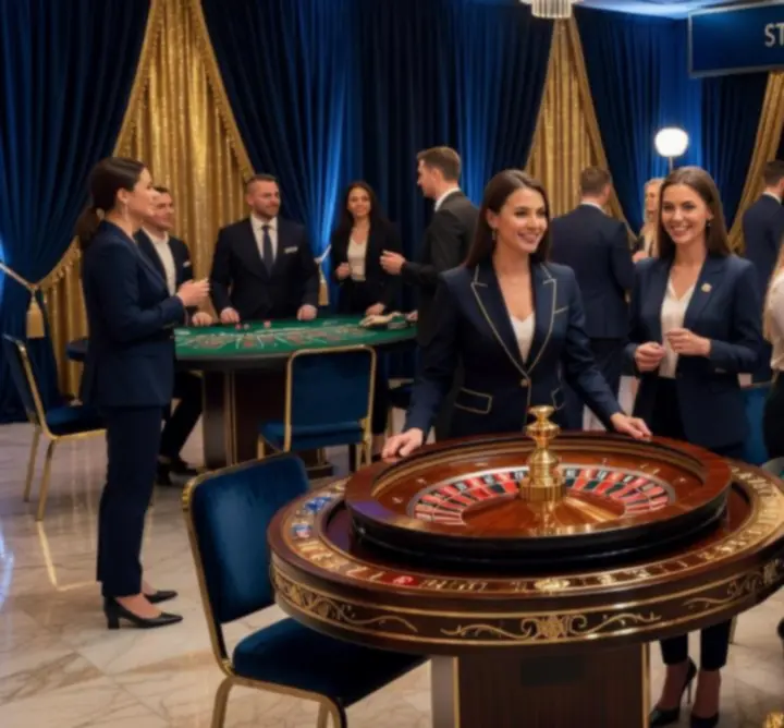 Strefa event casino z ruletką i blackjackiem na evencie firmowym