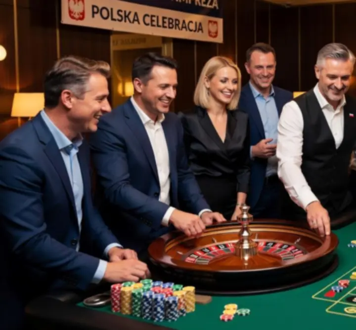 Goście obstawiający żetony przy ruletce podczas eleganckiego przyjęcia firmowego