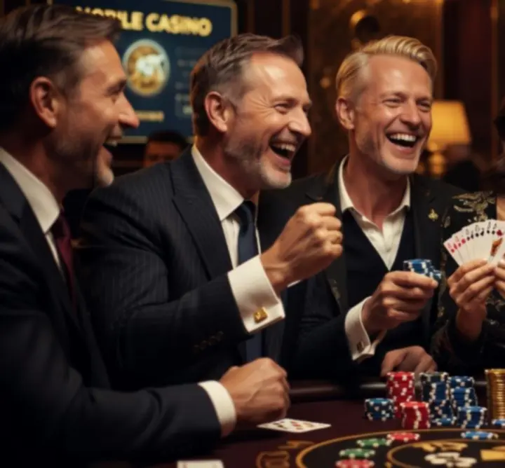 Uśmiechnięci uczestnicy mobilnego eventu casino świętują zwycięstwo przy stole